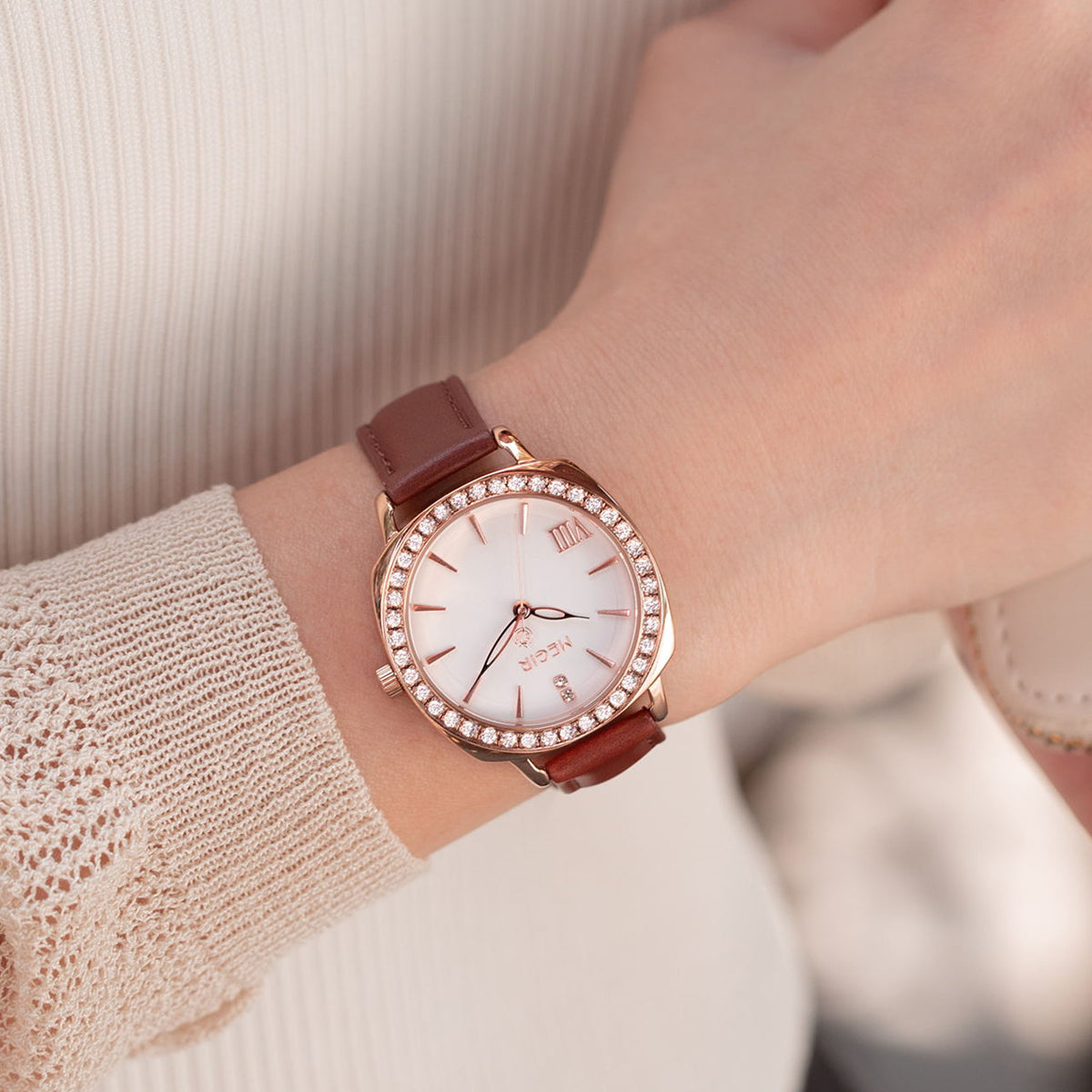 MEGIR Rose Gold Crystal Dress Watch | Orvane Legacy