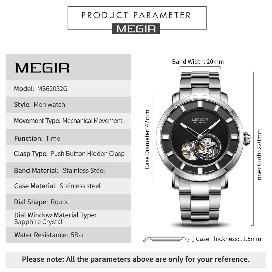 MEGIR Skeleton Automatic Steel Watch | Orvane Legacy